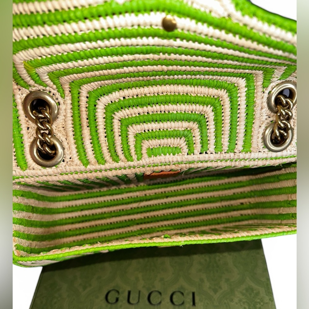 Gucci Raffia Small GG Marmont Green Shoulder Bag - Picture 9 of 12